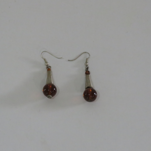 Amber Resin Drop Earrings with Silver-Tone Coiled Cones