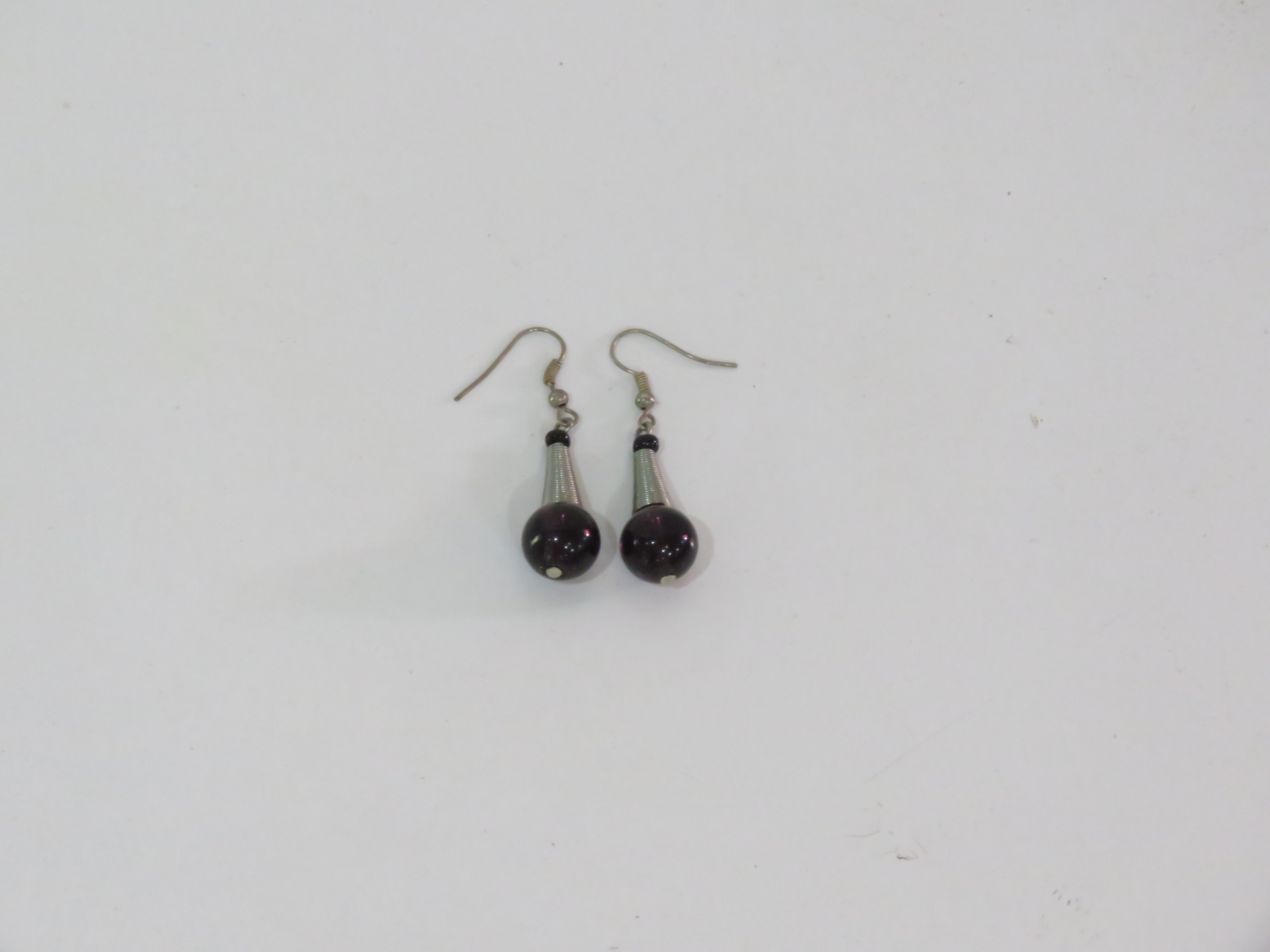 Deep Purple Bead & Silver-Tone Cone Drop Earrings