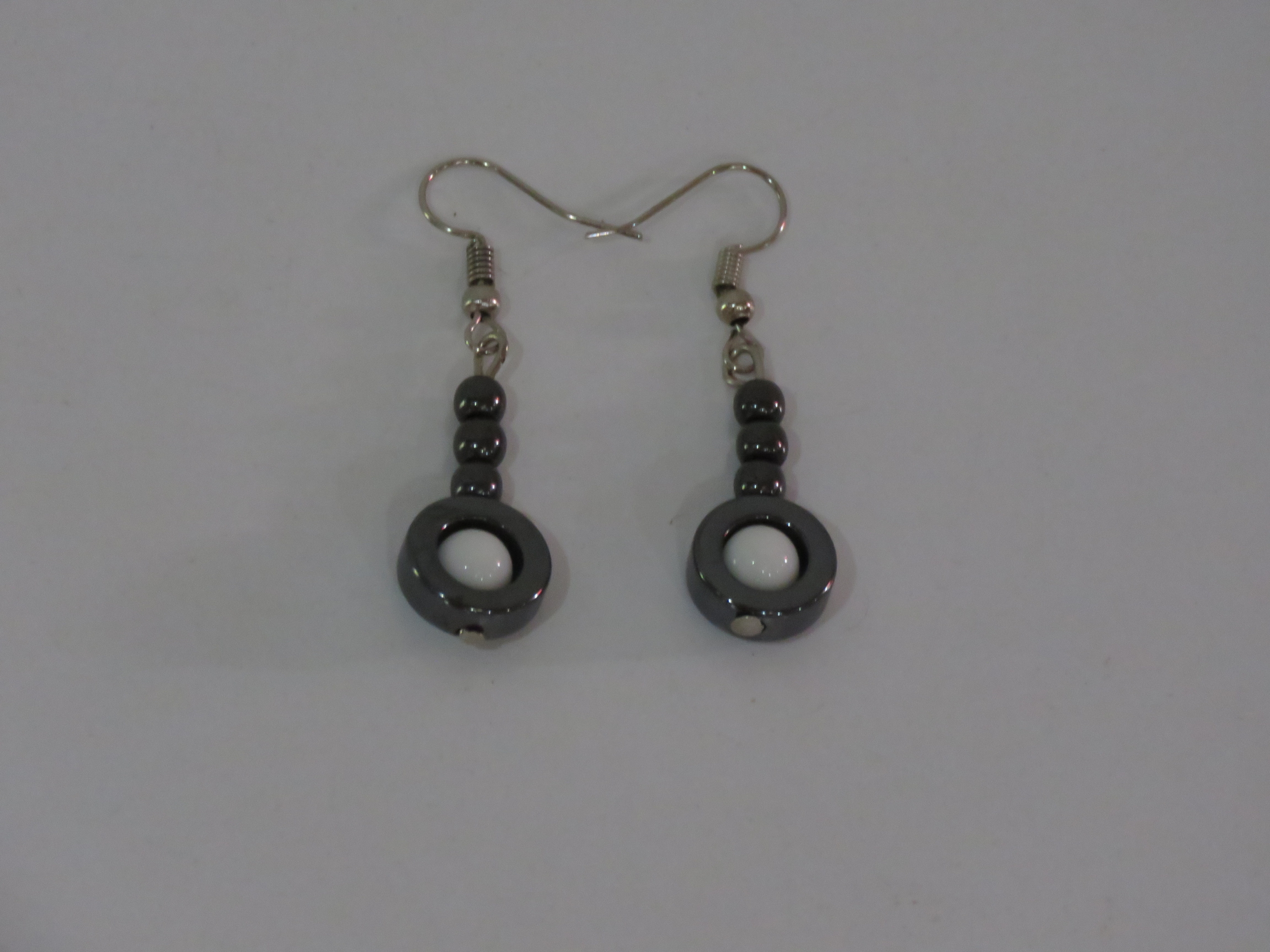 Geometric Hematite Ring Drop Earrings with White Accent