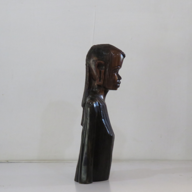 African Wood Bust with Sleek Carved Diagonal Sash (Right Side)